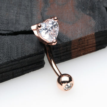 Detail View 1 of Rose Gold Heart Gem Sparkle Prong Curved Barbell-Clear Gem